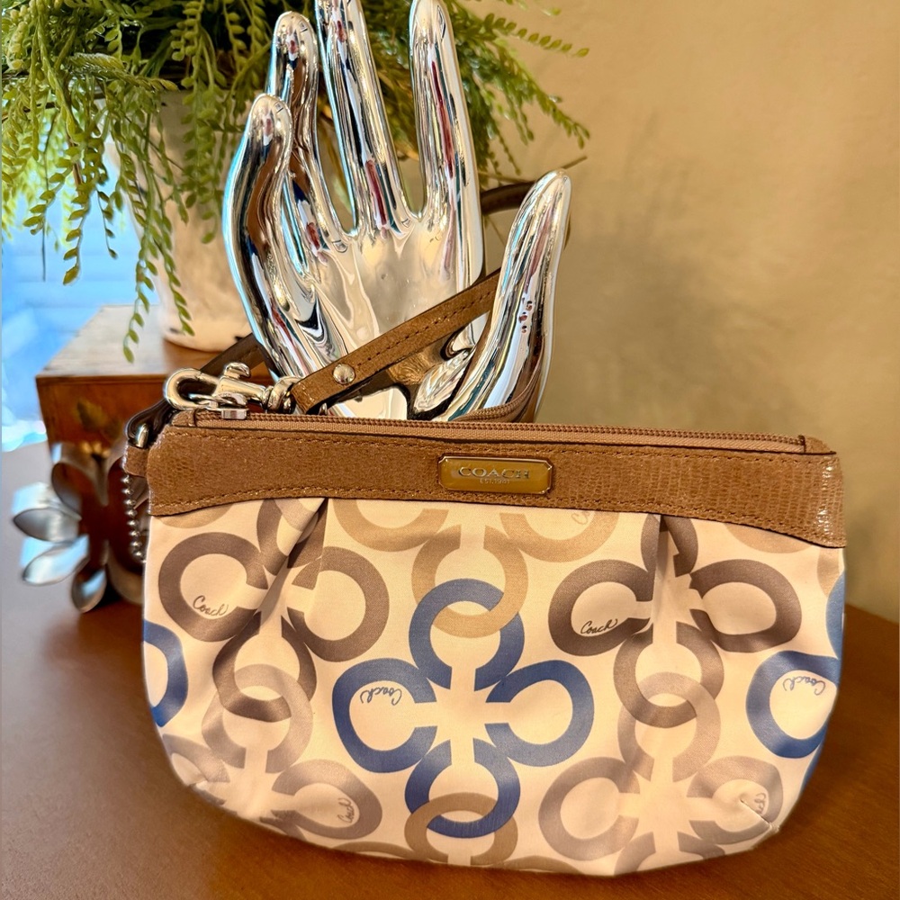 Coach Tan and Blue Signature Pattern Pouch/Wristlet